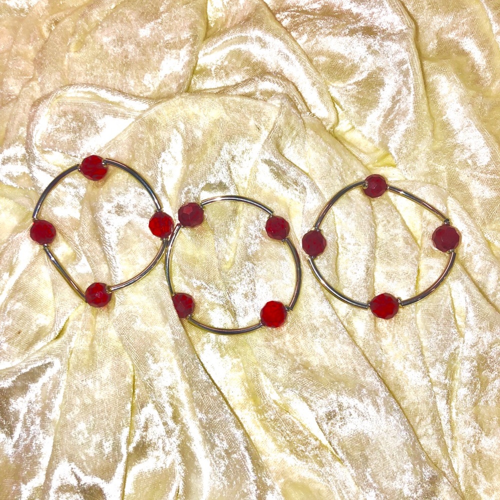 Set of 3 ruby red and silver M/L bracelets